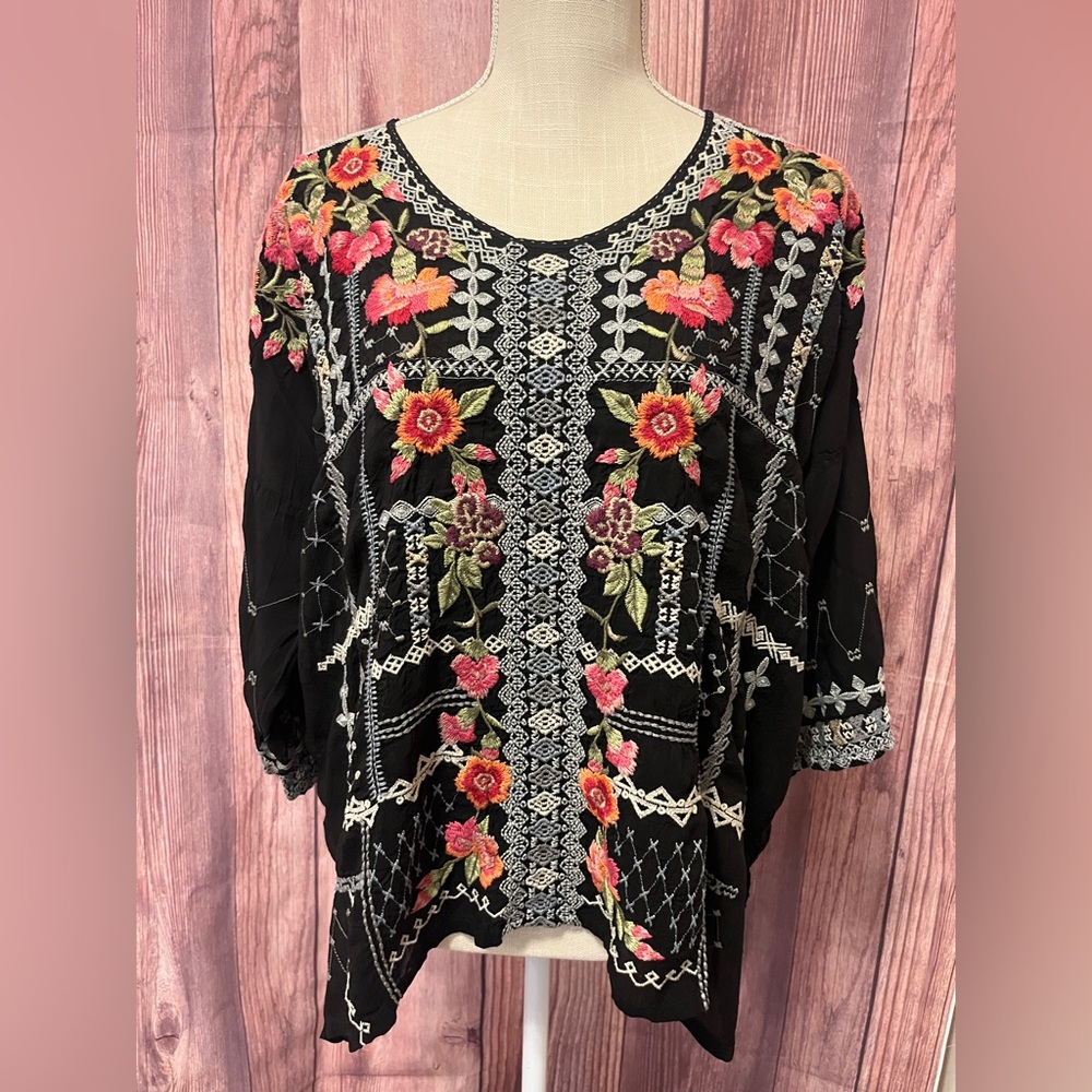 Johnny Was Floral Embroidered Black Top
